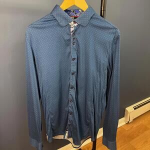 Au Noir, Mens Blue Button Up Shirt, Poco dot Floral Pattern, Size 3/Medium